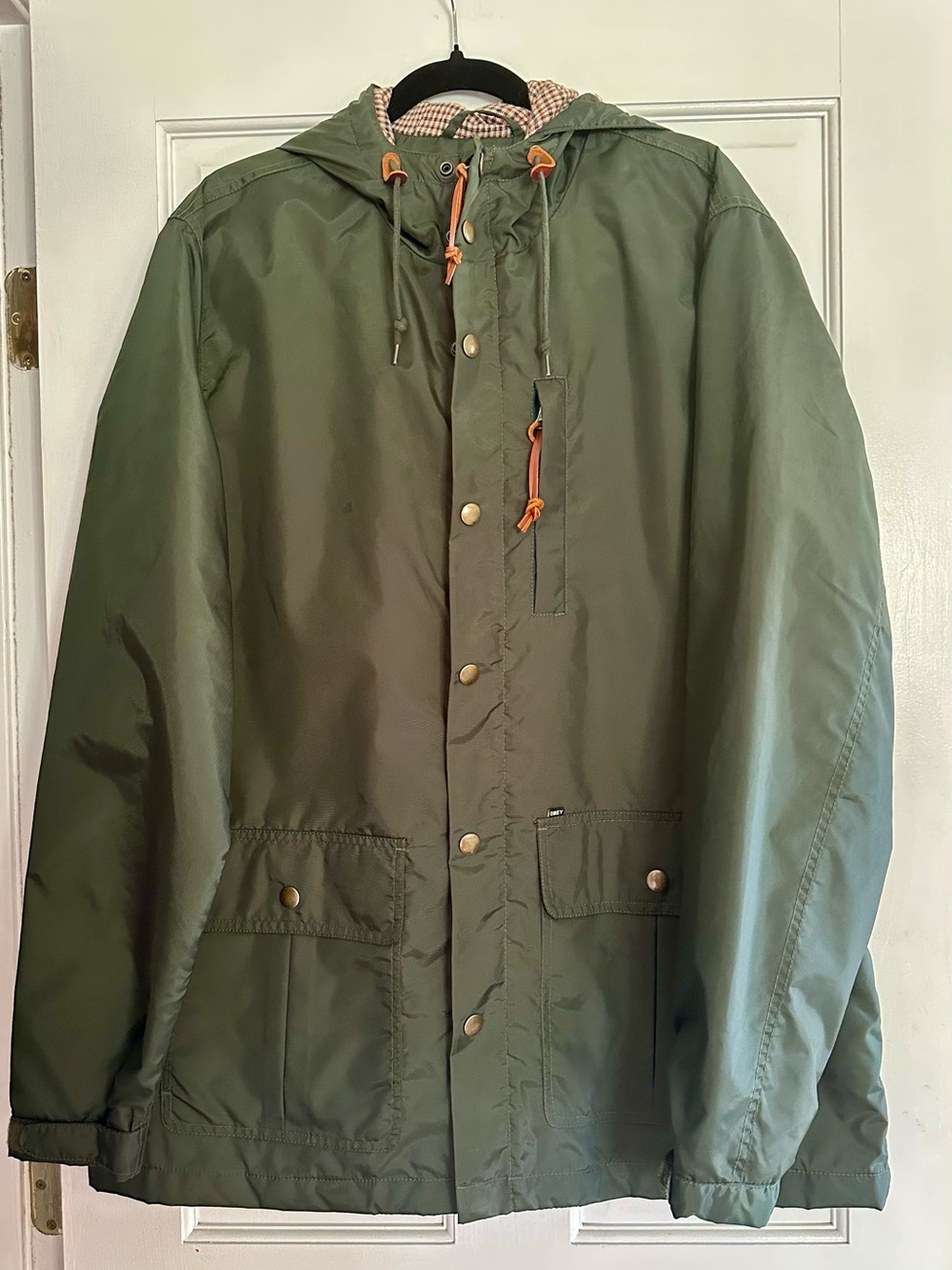 Men’s Obey Dark Green Hooded Field Jacket Quilted Lining Leather Accents Size XL
